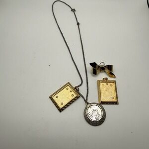 Vintage Pendant Lot Gold Silver Tone Locket Bow Charm Necklace Jewelry